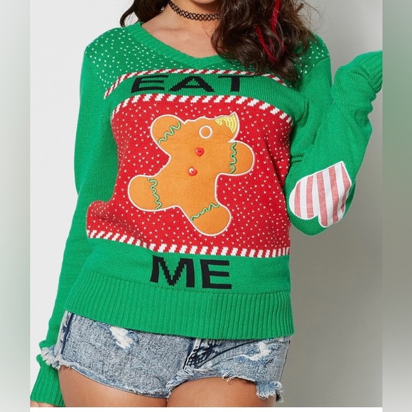 Christmas 🎄 UGLY Sweater “EAT ME” Half-Eaten Gingerbread Man Women’s XL - Picture 5 of 5